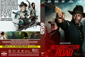 Front cover of Resurrection Road DVD: man in a cowboy hat aiming a pistol, bold red title, dark western backdrop with gunfire hints.