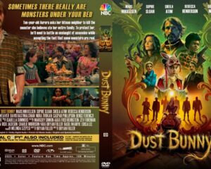 Dust Bunny DVD cover: vibrant fantasy art with a group of heroes, green swirls, and the title Dust Bunny on a glowing backdrop.