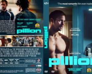 Front and back DVD cover for the film 'Pillion,' showing a shirtless man in a doorway on the front, bold teal title 'pillion' and quotes, credits on the spine; back features a collage of stills, synopsis text, and logos.