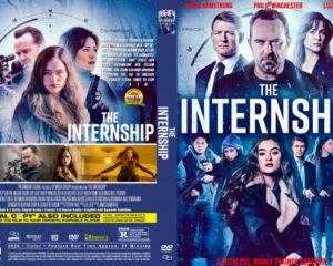 Double-sided DVD cover for The Internship: front shows an ensemble of characters under a blue glow with the bold title; back side lists synopsis, cast, and technical details.