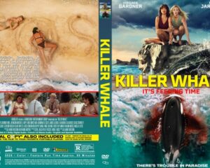 Killer Whale movie poster: two women sit on rocks above crashing waves, bold yellow title across the cover, subtitle 'There’s trouble in paradise.'