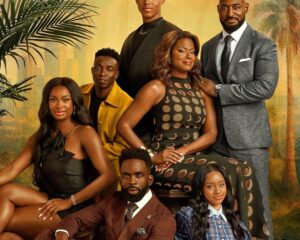 Bel-Air Peacock final-season poster showing the ensemble cast in stylish outfits against a tropical backdrop, with the tagline “In the end, it’s all love.”