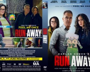 Front cover of a movie DVD: a man and a woman in the foreground, bold RUN AWAY title in red and white, and a house collage in the background.