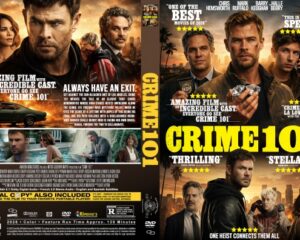Front-and-back Crime 101 DVD cover with ensemble cast, bold yellow title, and city sunset background.