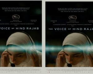 Film poster showing a woman in a white headscarf wearing a headset, with the title 'The Voice of Hind Rajab' at the bottom.