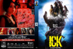 Movie poster split: left side shows a red-tinted close-up of a woman with text blocks; right side features a blue-sky scene with a giant creature’s hand and three characters, and the title Don't Touch.