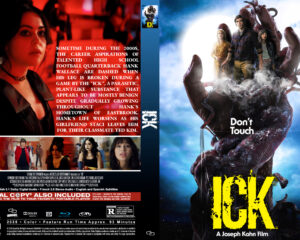 Movie poster split: left side shows a red-tinted close-up of a woman with text blocks; right side features a blue-sky scene with a giant creature’s hand and three characters, and the title Don't Touch.