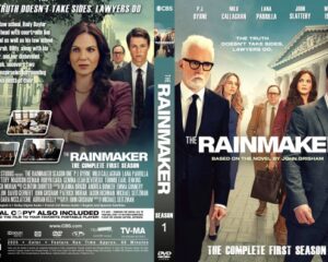 DVD cover for The Rainmaker: ensemble cast with a stern woman in the foreground and a serious-looking man in a suit, title text The Rainmaker across the bottom, and “The Complete First Season” subtitle indicating a TV drama collection.