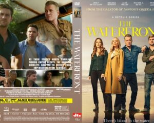 Front DVD cover for The Waterfront: five cast members stand on a sunset beach, yellow title text The Waterfront across the right side.