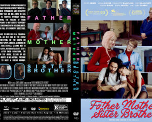 Collage-style DVD cover for 'Father Mother Sister Brother' showing a black text-heavy synopsis on the left and a blue-tinted cast collage on the right with award icons at the top.