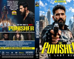 Double-sided Punisher DVD cover: front shows a bearded man with a gun against a city skyline and a bold yellow Punisher title; back features action scenes and a row of character images.