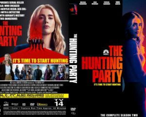 The Hunting Party DVD cover; front features a blonde woman with red/blue lighting and bold red title, group image at bottom.