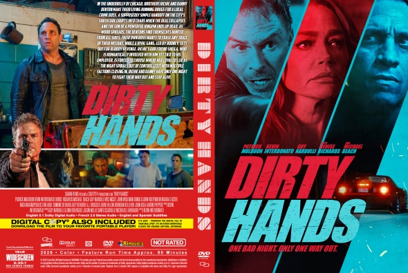 DVD cover for Dirty Hands showing a red-and-blue action montage and the bold red title, with a man aiming a gun in the foreground and police car lights in the background on the front. Back cover features synopsis text and credits in a red-blue layout.