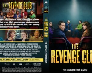 DVD cover for The Revenge Club: front shows a group of people around a table in a dim room with a bold yellow title, 'THE REVENGE CLUB'.