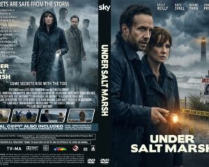 Movie poster for Under Salt Marsh: two investigators in raincoats amid a stormy marsh, with a distant lighthouse and crime-scene tape in the foreground.