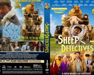 DVD cover for The Sheep Detectives: a colorful collage featuring sheep detectives, humans, and a bright blue background with the title prominent.
