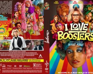 DVD cover for I Love Boosters, a bright collage of diverse characters with a rainbow-striped background and bold title at the center.