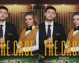 Promotional poster with a man in a suit and a woman in a mustard cardigan, casino backdrop, and bold yellow text across the bottom—Season 01.