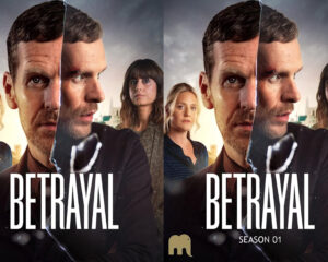 Promotional poster for a TV series Betrayal, showing a man's close-up with a glass crack splitting the image and two women in the background (Season 01).