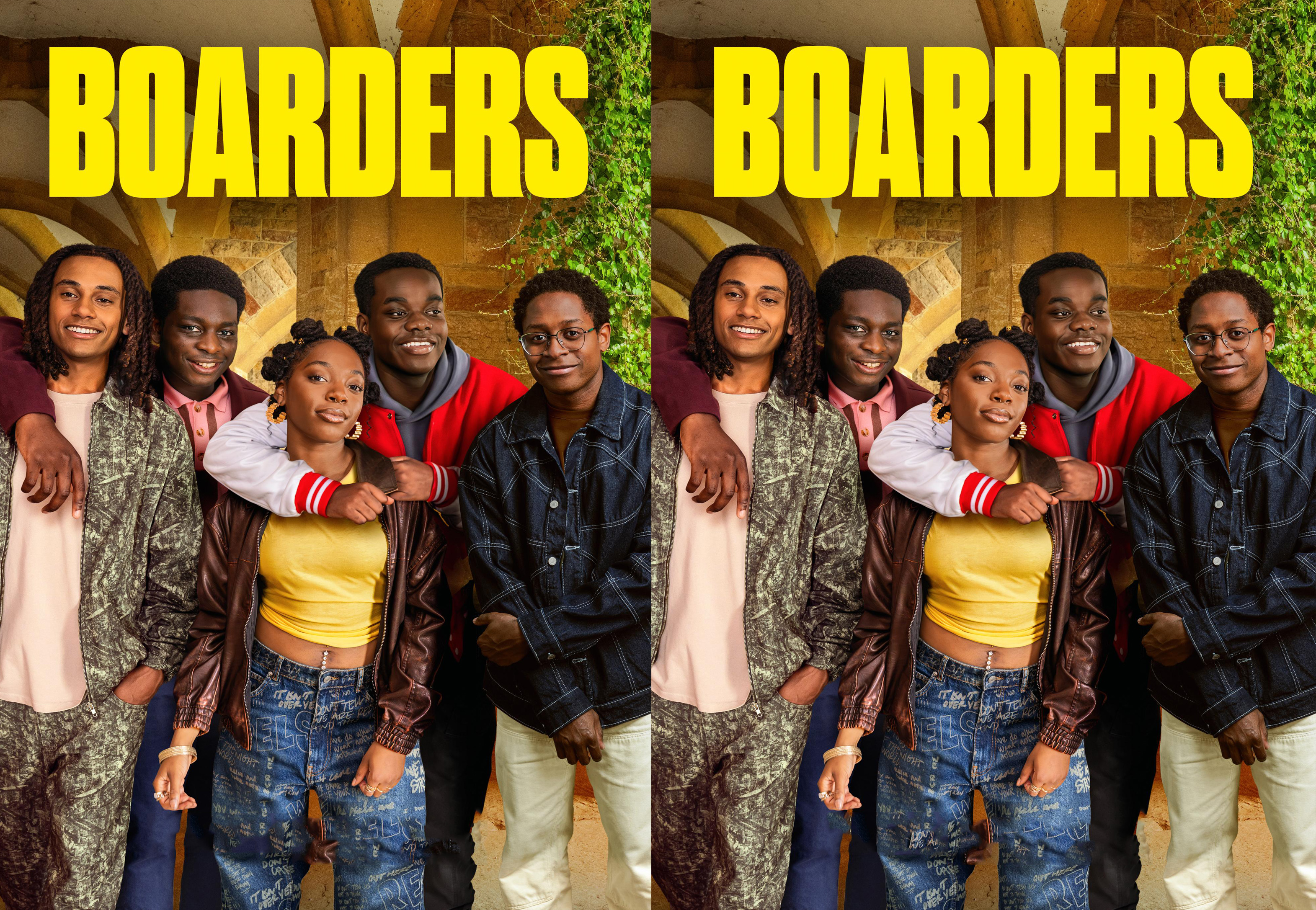Group of diverse teens and young adults smiling together in a casual urban setting, shown as a side‑by‑side collage with bold yellow text above.