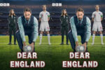 Split image of England football players and a coach on a stadium pitch with BBC logos; bold 'DEAR ENGLAND' text at bottom.
