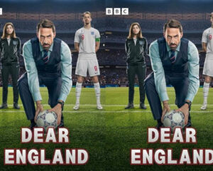 Split image of England football players and a coach on a stadium pitch with BBC logos; bold 'DEAR ENGLAND' text at bottom.