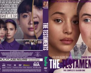 Cover art for The Testaments: three teenage girls in purple uniforms on the left, with close-up faces on the right and the bold series title across the bottom-left.
