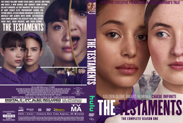 Cover art for The Testaments: three teenage girls in purple uniforms on the left, with close-up faces on the right and the bold series title across the bottom-left.