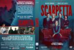 Two-sided Scarpetta DVD cover: front shows a group of characters posed around a red couch, back features promotional text and additional cast images.