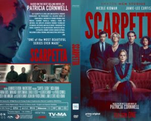 Two-sided Scarpetta DVD cover: front shows a group of characters posed around a red couch, back features promotional text and additional cast images.