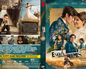 Movie cover for Enola Holmes 3 featuring Enola and siblings in period costumes with a vintage map background and a small group in the foreground; title 'Enola Holmes 3' visible.