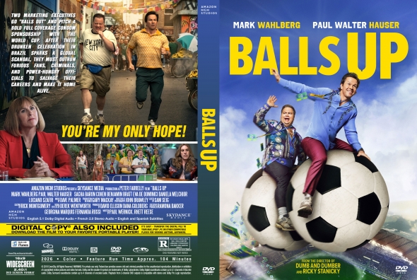 Movie poster for Balls Up: two people ride a giant soccer ball against a blue sky, bold yellow title above them.
