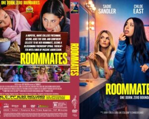 Front cover of the Roommates DVD: two teen girls in a dorm dressing room with a bold yellow 'ROOMMATES' title; back cover shows a collage of scenes and the tagline 'One dorm. Zero boundaries.'