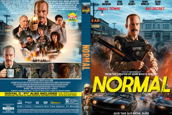 Movie cover for 'Normal' featuring a sheriff with a rifle in a smoky action scene and a neon-yellow title.