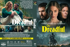 Front cover of a DVD for the film Dreadful, featuring a woman center stage flanked by a man and another woman, with a dark, dramatic background and a rider at the bottom.