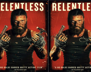 Poster of a rugged bearded man holding a pistol wrapped in barbed wire, red background, title 'Relentless' at top.