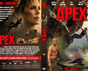 Front cover of the Apex DVD: bold red 'APEX' title across a rocky cliff with climbers and a river scene in the background; taglines read 'Hunt. Survive.'