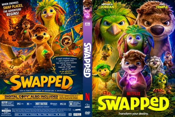 Colorful Swapped movie posters featuring animal and human characters in a fantasy adventure; bold yellow title SWAPPED and Netflix branding.