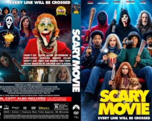 DVD cover for Scary Movie; front shows a group of costumed characters with a bold yellow title, and the back features the tagline 'Every line will be crossed' with cast and info.