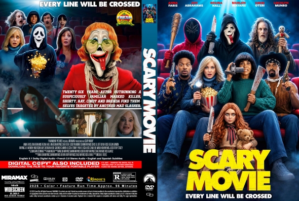 DVD cover for Scary Movie; front shows a group of costumed characters with a bold yellow title, and the back features the tagline 'Every line will be crossed' with cast and info.
