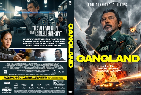 Front and back DVD cover for the action thriller Gangland. Front shows a stoic police officer with a rifle amid explosions; bold yellow title 'GANG-LAND' and a smoky, battle-damaged background. Back features multiple scenes of police and action with a quote about raw emotion and energy.
