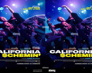Energetic concert crowd with fans being lifted on a blue-lit stage; movie title California Schemin' at bottom edge.