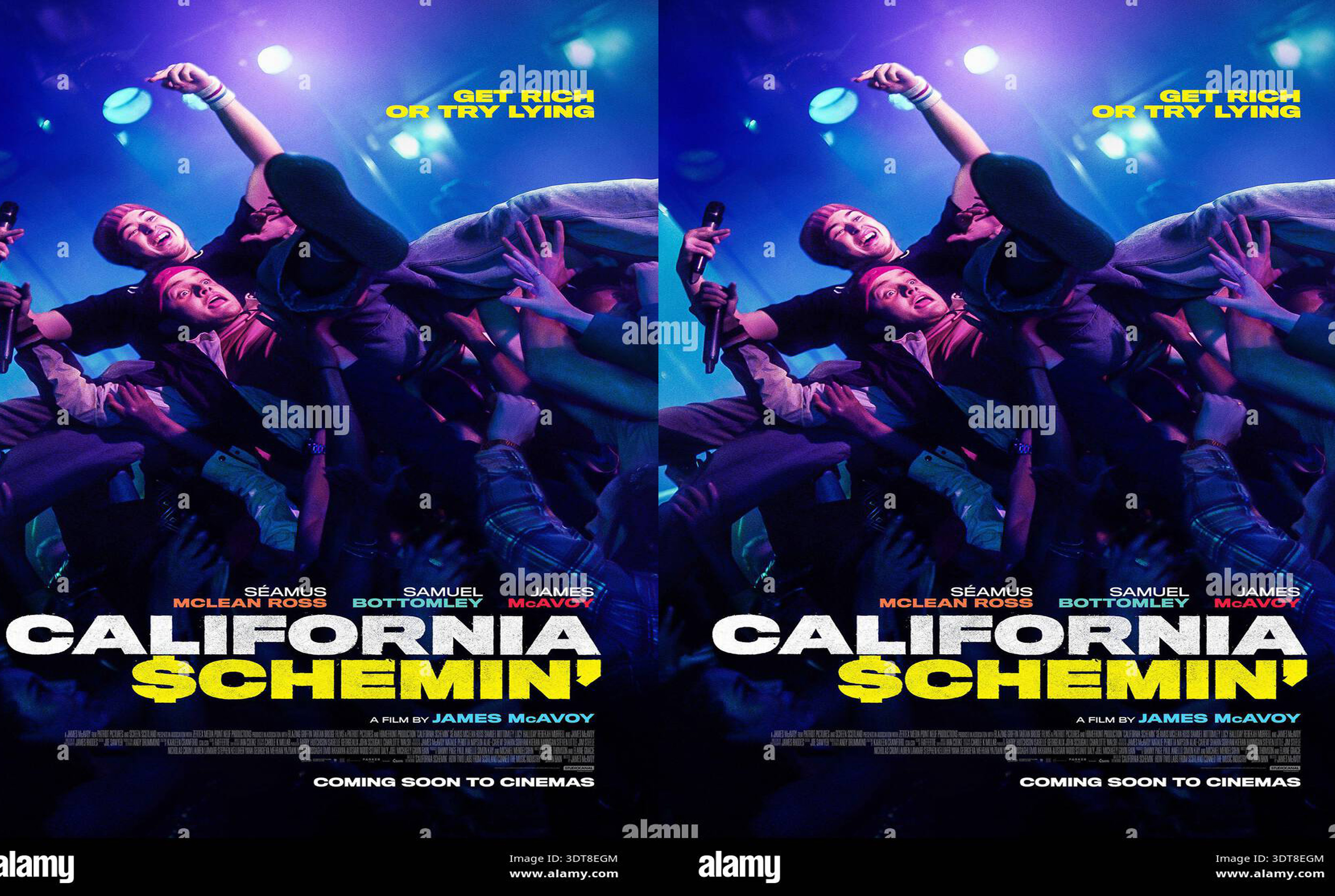Energetic concert crowd with fans being lifted on a blue-lit stage; movie title California Schemin' at bottom edge.