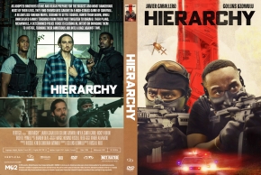 Double-sided DVD cover for the film Hierarchy: front shows two men with rifles; back includes stills and a synopsis.
