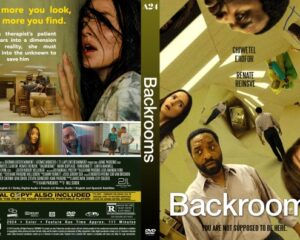 DVD cover for the film 'Backrooms' showing a neon-lit yellow-green corridor with scared-looking people and the title across the bottom, tagline 'You are not supposed to be here'.