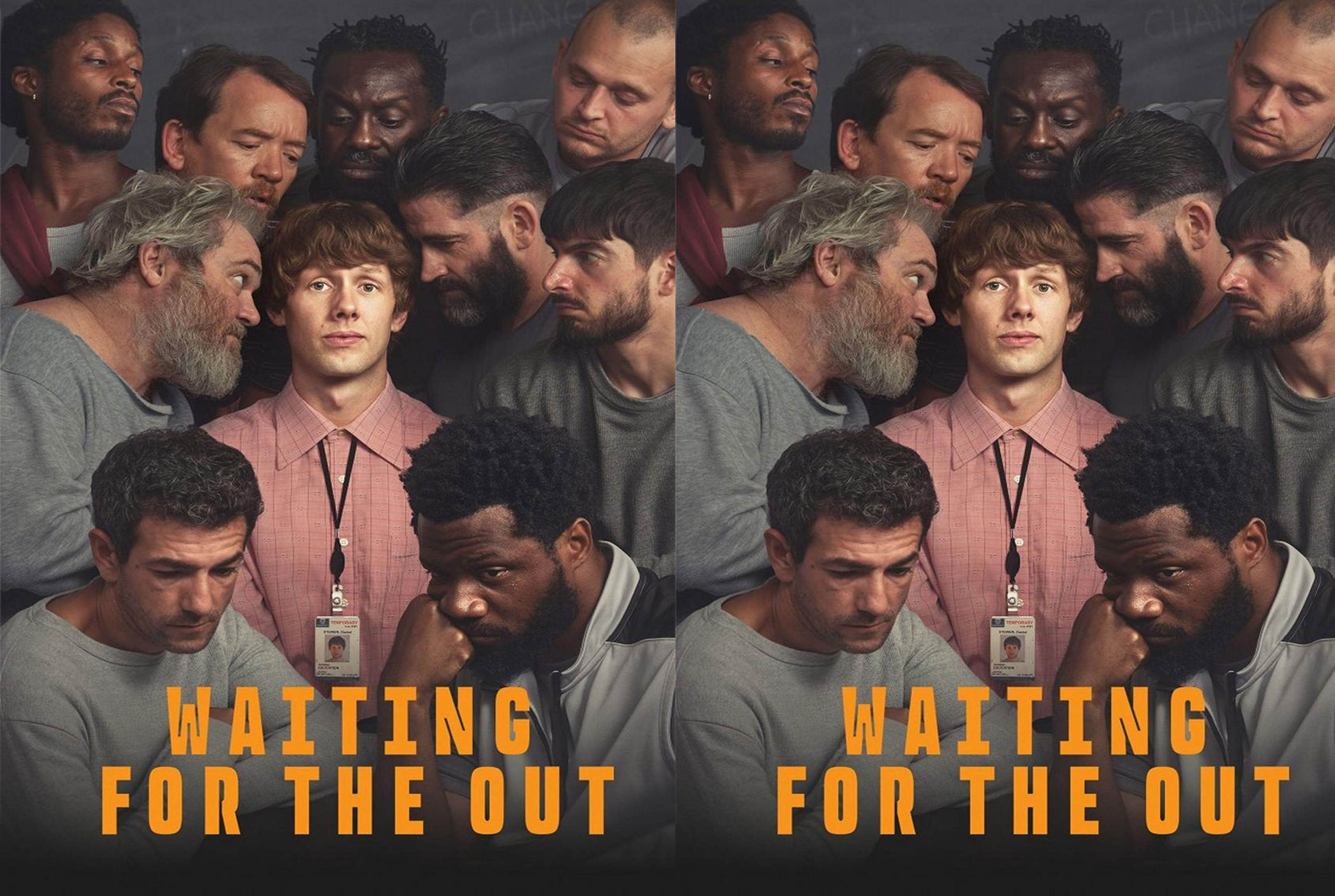 Poster showing a diverse group of men gathered closely around a young man in a pink shirt with a badge; bold orange text 'WAITING FOR THE OUT' appears at the bottom.