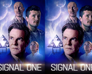A science‑fiction movie poster showing multiple characters against a neon space scene, with a geometric pyramid and the title ‘Signal One’ at the bottom (mirrored across two panels).