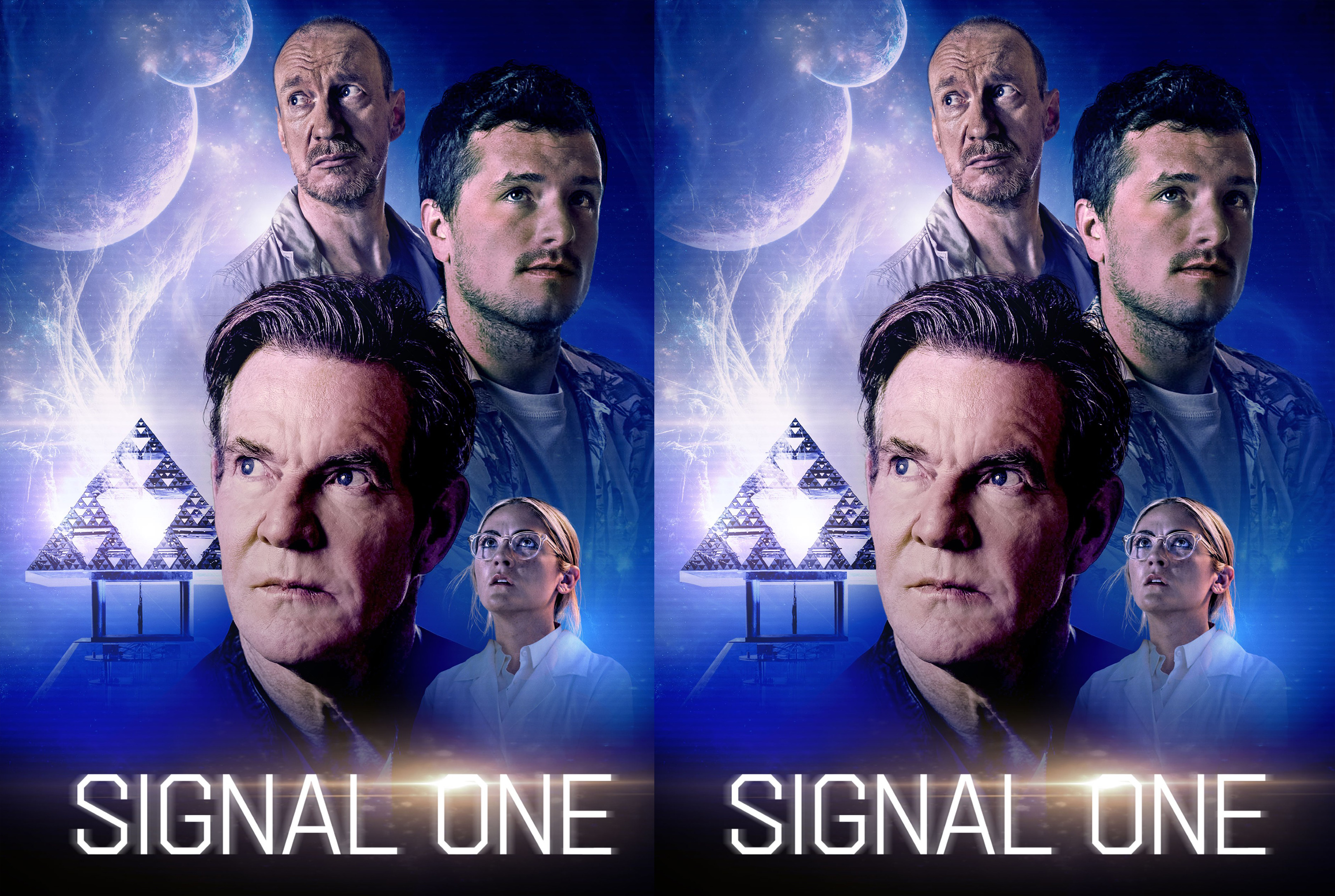 A science‑fiction movie poster showing multiple characters against a neon space scene, with a geometric pyramid and the title ‘Signal One’ at the bottom (mirrored across two panels).