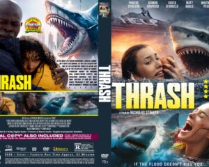 Two-panel DVD cover for 'Thrash' with a giant shark attacking people and a bold yellow title.
