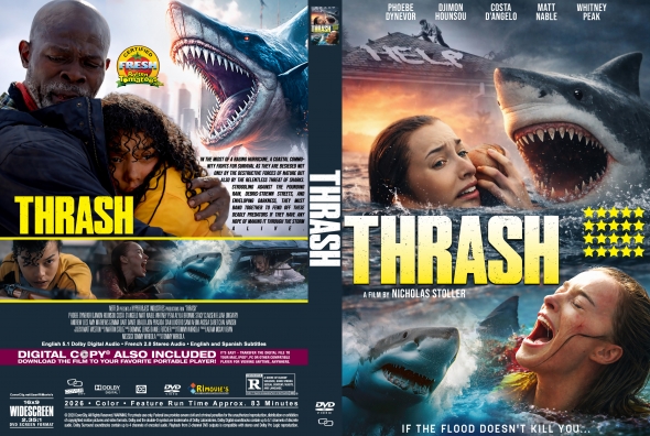Two-panel DVD cover for 'Thrash' with a giant shark attacking people and a bold yellow title.